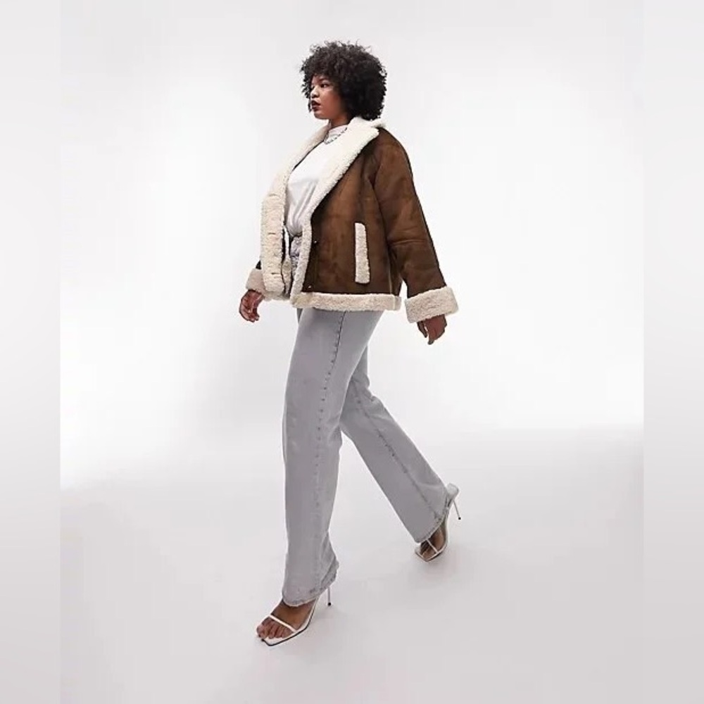 Topshop Curve Chocolate Faux Shearling Faux Suede Car Coat Size 18